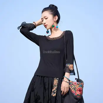 2023 нова дамска ретро китайски етнически стил кръгло деколте база риза бродирани седем четвърти ръкав памук елегантна блуза s725