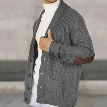 Casual ревера жилетка дебела топла плетена жилетка палто с изкуствена велур пачуърк за мъже дълъг ръкав средата дължина пуловер палто