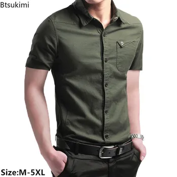 2024 Мъжки летни ежедневни ризи с къс ръкав Твърди памучни мъжки модни върхове Ревера Slim Fit Club Бизнес офис ризи мъже M-5XL