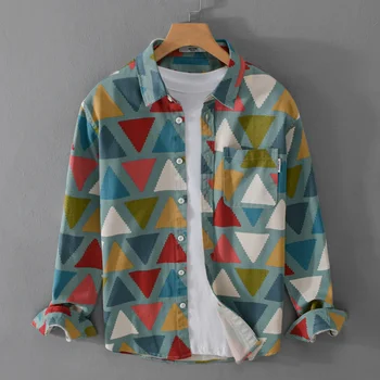Пролет 100% памук ризи японски мода мъжки племенен цвят блок дълъг ръкав риза бутон нагоре шик универсален улично облекло върховете