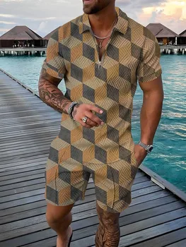 Мъжки летен костюм Поло риза комплект анцуг 2 части кариран печат мода ежедневни комплект облекло ревера цип поло облекло извънгабаритни