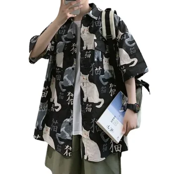 Лятна японска камуфлажна риза с къс ръкав Хонг Конг стил котка печат студент хлабав хавайски бутон надолу риза плажни ризи