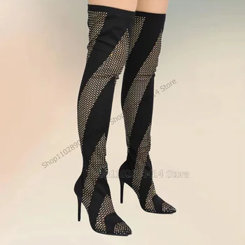 Черно бежово окото кухи дизайн заострени пръсти ботуши еластична лента дамски обувки тънки високи токчета модно парти 2023 Сапатос пара Мужере