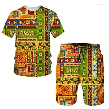 2024 ново лятно мъжко спортно облекло с африкански етнически стил 3D принтирана тениска къс панталон комплект ежедневни къс ръкав обло деколте тениска