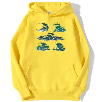 Cartoon Surging Sea Wave Printed Hoodie Sweatshirt Loose Harajuku Hoodies Male Warm Pullovers Men Autumn Hip Hop Streetwear