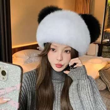 Жените нови лисица коса мода котка ухо шапка зима руски открит сладък топла шапка свободно време елегантен кожа шапка 2023