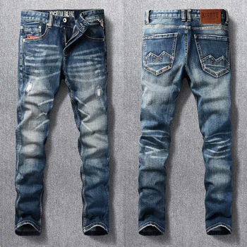 Мода реколта мъжки дънки високо качество ретро измити синьо еластични участък тънък изтръгнат дънки мъже бродерия дизайнер дънкови панталони
