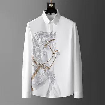 Висококачествена риза с принт от кристал за мъже 2023 Есенни ризи с дълъг ръкав Slim ежедневни ризи Мода Бизнес Официална рокля Ризи