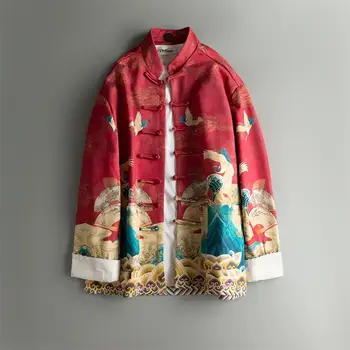 Висококачествен етнически стил стойка яка ръчно изработени бутони кран отпечатани Tang костюм яке мъже улично облекло китайски стил палто 5XL