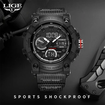 LIGE Спортен часовник за мъже 50m водоустойчив цифров часовник LED удароустойчив 0052 Военни часовници Цифрови армейски ръчни часовници Man