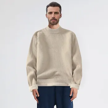 Мъжки есен и зима прост основен плътен цвят половин висока врата пуловер пуловер случайни хлабав топло подплатени трикотажни пуловер