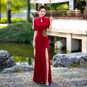 Дълга китайска модна рокля Velvet Cheongsam Qipao червени ориенталски сватбени рокли Традиционна вечерна рокля Cheongsams Velour