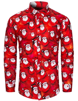 Коледна тема 3D отпечатани мъжки бутон ризи мода дълъг ръкав блуза празнично парти върховете Нова година двойка улично облекло