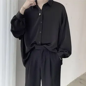 Kemeja Lengan Panjang Hitam Blus Nyaman Korea Pria Kemeja Kancing Sebaris Longgar Kasual Dengan Dasi ризи за мъже