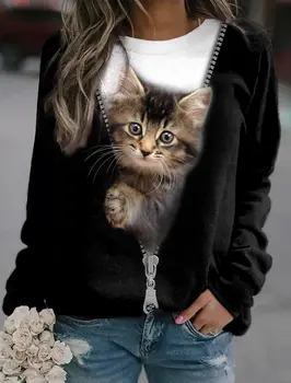 Дамски суитчър пуловер котка 3D печат случайни кръг врата Raglan суитчър жените случайни дълъг ръкав пролет и есен отгоре