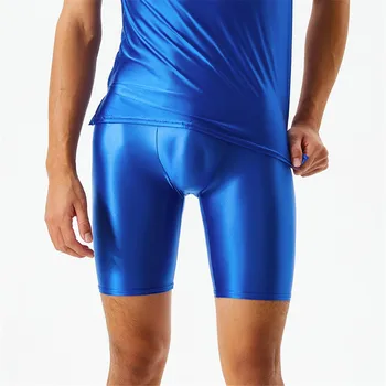 Мъже Масло лъскави шорти фитнес Shapewear лед коприна високо еластични секси боксер стегнат форма U торбичка обвивка мъжки шорти гладка бонбони цвят