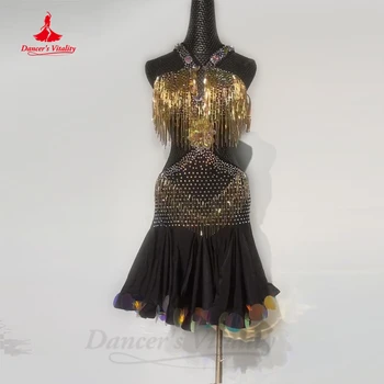Латино танцова рокля Жени Старши ръчно изработени мъниста Облекло Персонализирано за жени Румба Чача Танго Латино Състезателни рокли