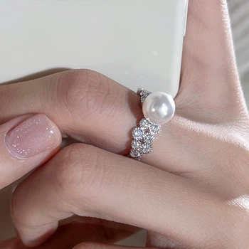 Сладки имитации на перлени пръстени за жени Булката сватбено тържество Луксозна мода Женски пръстови аксесоари Отворен пръстен Eternity бижута