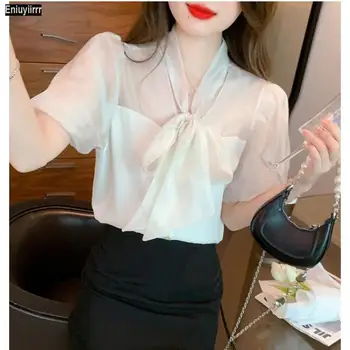 Горещи продажби 2023 Дамски летен къс ръкав елегантен офис дама работа бутон риза случайни сладък розов черен папийонка върховете секси блузи