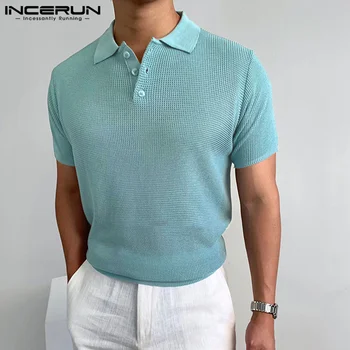 INCERUN Tops 2023 Корейски стил мъжки стилен кариран ревера плътен цвят всички мач ризи случайни прости къс ръкав блуза S-5XL