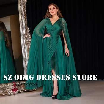 OIMG нов дизайн v-образно деколте A-линия дълги ръкави абитуриентски рокли Саудитска Арабия жени зелени плисирани вечерни рокли официална парти рокля