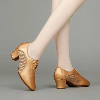 Мрежеста мрежа Снаждане Танцови обувки Квадратно социализиране Обувки за латино танци Меки износоустойчиви обувки за учители Кожа Модерни танцови маратонки