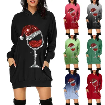 Дамски ежедневни дълъг ръкав с качулка суитчър джоб пуловер рокля Коледна рокля тичане графичен ежедневна риза