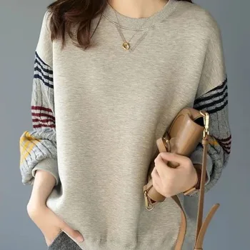 Нова пролет и есен популярна мода и чуждестранен стил универсален намалена възраст кръг врата панел случайни стил дамски пуловер