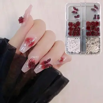 Camellia Flower Nail Art Ornaments Camellia Rhinestone Nail Art Decorations Box with Butterfly Accents Зашеметяващи дизайни за нокти
