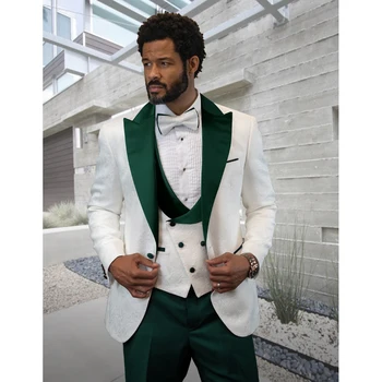 Мъжки костюми за сватба 2023 Луксозен зелен връх ревера еднореден три парче яке панталони жилетка бяло палто младоженеца