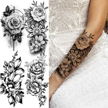 реалистичен Роза цвете къна временни татуировки за жени възрастен момиче Далия кръг фалшив татуировка реалистичен боди арт декорация Tatoos