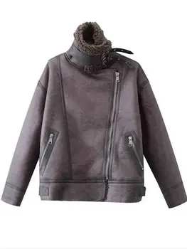 Жени 2023 Есен Нова мода Taupe Тежка индустрия Fur One дълго топло палто ретро дълъг ръкав шик цип отгоре връхни дрехи Mujer