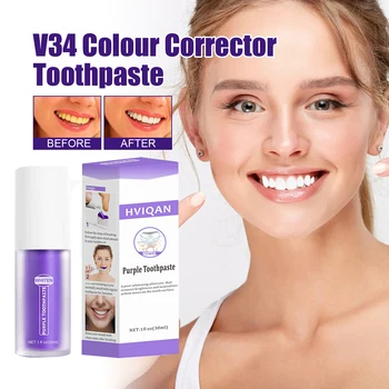 V34 Purple Tooth Cleansing Mousse Bottled Press Паста за зъби освежава дъха Избелва зъбите Петна Отстраняване на петна Почистване на зъбите