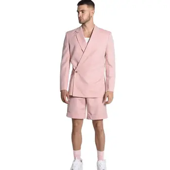 Лято розово бельо пълен мъжки костюм блейзър с къси панталони 2 парче плаж сватба младоженец облекло лек и дишаща комплект