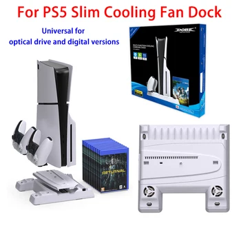 Многофункционална охлаждаща вентилаторна база за PS5 Slim конзола Док за зареждане с двоен контролер с CD багажник за съхранение за PS5slim хост