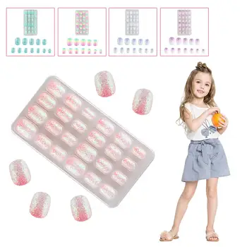Sparkling 24PCS/patch Kids Childrens Girls Fake Stick Beauty To Cover Nails Finger Your Illuminate False Press On C3H7