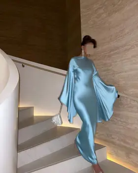 Небесно сини абитуриентски рокли Ръкави за отблясъци Копринен сатен Официални вечерни рокли Крис-Крос Елегантна рокля за парти за жени 2023