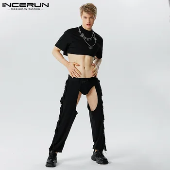 INCERUN 2023 Американски стил Нови мъжки изрязани комплекти Тениски с къс ръкав Дълги панталони Секси мъжки твърди кухи комплекти от две части S-5XL