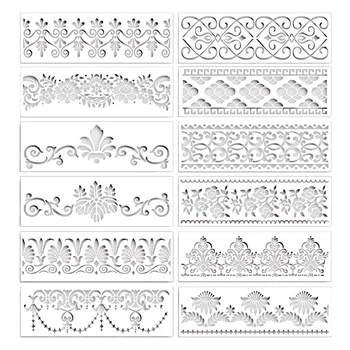 12Pcs цветни гранични шаблони мандала шаблони за многократна употреба нарязани живопис шаблони за DIY занаятчийски шаблони, 12 X 3.9 инча