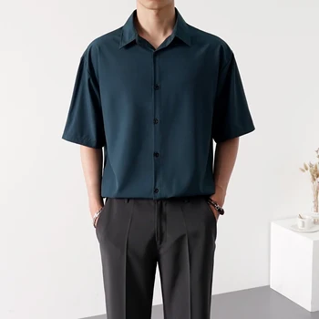 Лятна ледена копринена памучна риза Мъже Високо качество плюс размер къс ръкав върховете дишаща бизнес твърда мъжка ежедневна риза E134