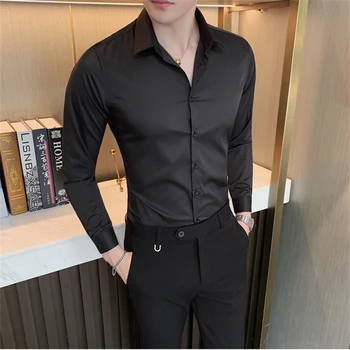 Най-високо качество 2022 Нови черни ризи за мъже Облекло Блузи Тънък годни ризи с дълъг ръкав Мъже Ежедневни Бизнес Официално облекло Chemise W143