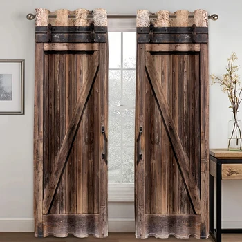 Ретро дървена врата дървени зърно печатни завеси, подходящи за спалня, офис, кухня, хол, кабинет, декорация на дома 2бр