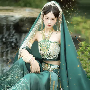 Cos традиция дрехи Dunhuang Maiden принцеса на западните региони рокля костюм летящи момичета зелен ханфу комплект Хан елемент костюм