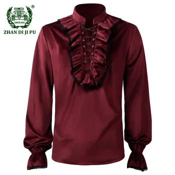 Мъжка вампирска риза Ренесансов викториански стиймпънк готически разрошен средновековен костюм за Хелоуин Мъжки ризи Облекло Homme Chemise