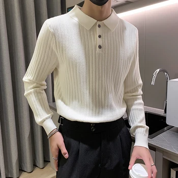 корейски стил ревера поло плетени пуловери за мъже мода прост дълъг ръкав тънък мъжки пуловери трикотаж зимата топло улично облекло