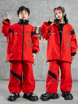 Китайски стил Червени тоалети за Girs Джаз танцови костюми Момчета Модерен хип-хоп танц Сцена Рейв Детско облекло DQS14987