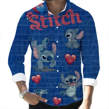 Есен 2023 Нова колекция Disney Stitch Cartoon Casual 3D отпечатана риза с дълъг ръкав Slim Fit Мъжки топ