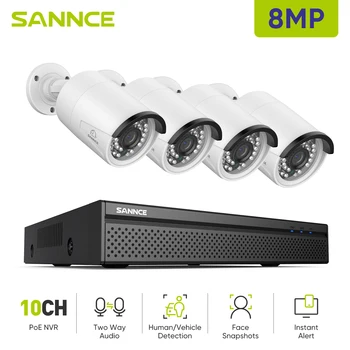 SANNCE 4K Ultra HD POE система за видеонаблюдение 8CH POE + 2CH NVR с охранителни камери Комплект за видеонаблюдение Аудио запис 8MP Ip камера