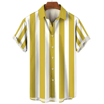 Мъжка риза Лятна раирана ежедневна риза Хавайски печат къс ръкав плажно облекло Празнична мода Социален бутон за ревера