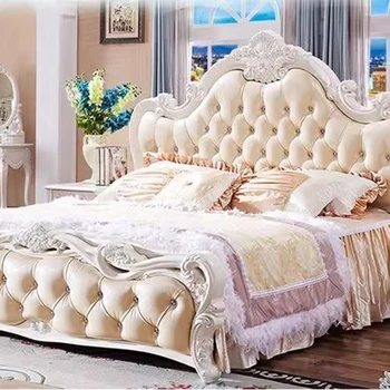 Кожена вила Дизайнер на двойно легло Европейски луксозен пълен размер с две легла Рамка за съхранение на дървени спални Camas de Casal мебели